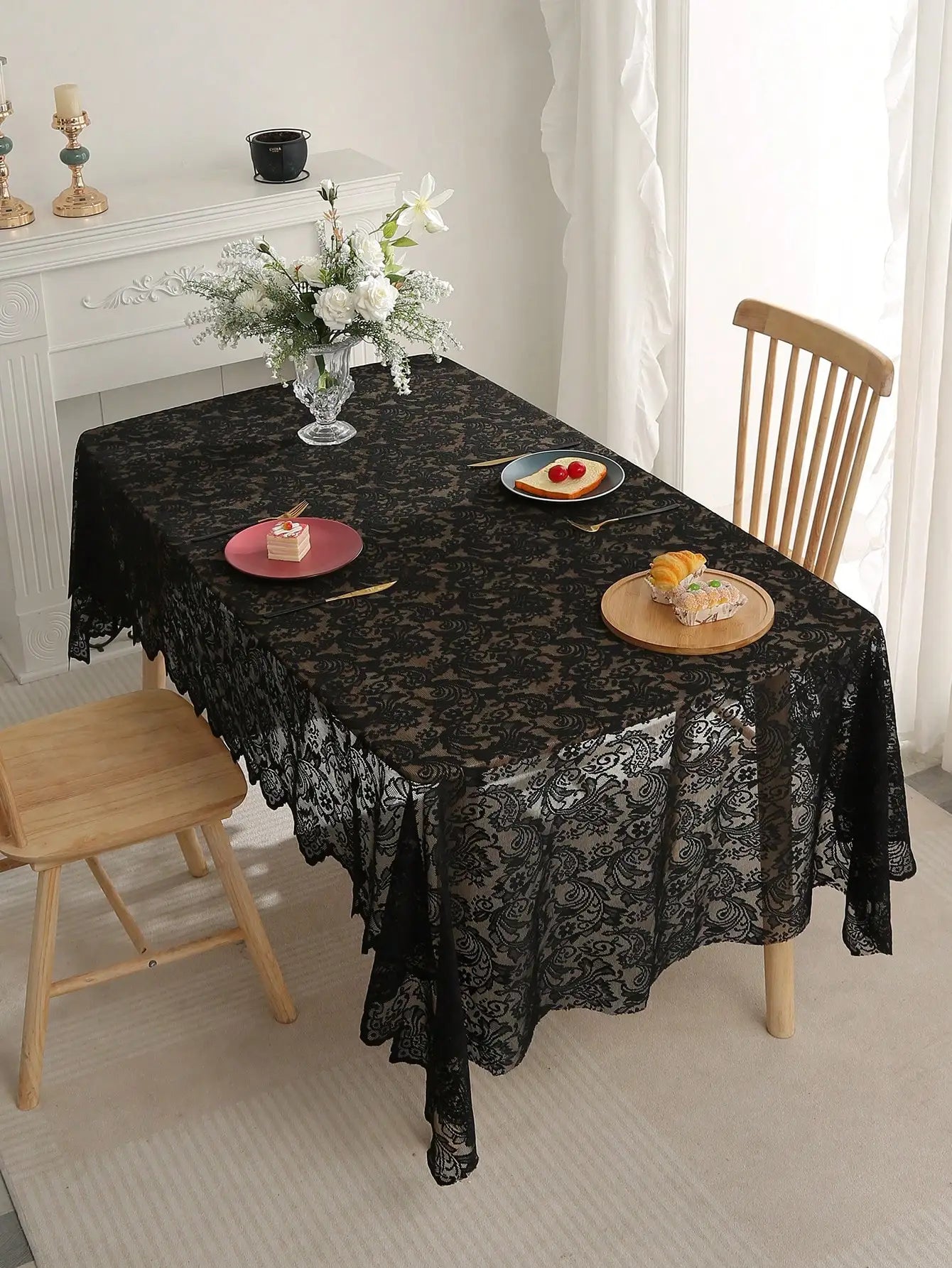 Black French Lace Tablecloth – Phoenix Tail Pattern