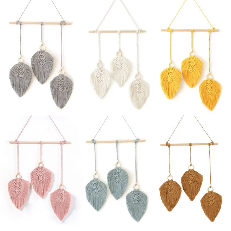 Macramé Wanddecoratie – 3 Bladeren met Kwastje