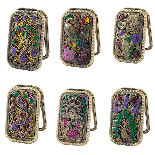 Retro Peacock Makeup Mirror – Foldable Double-Sided Pocket Mirror