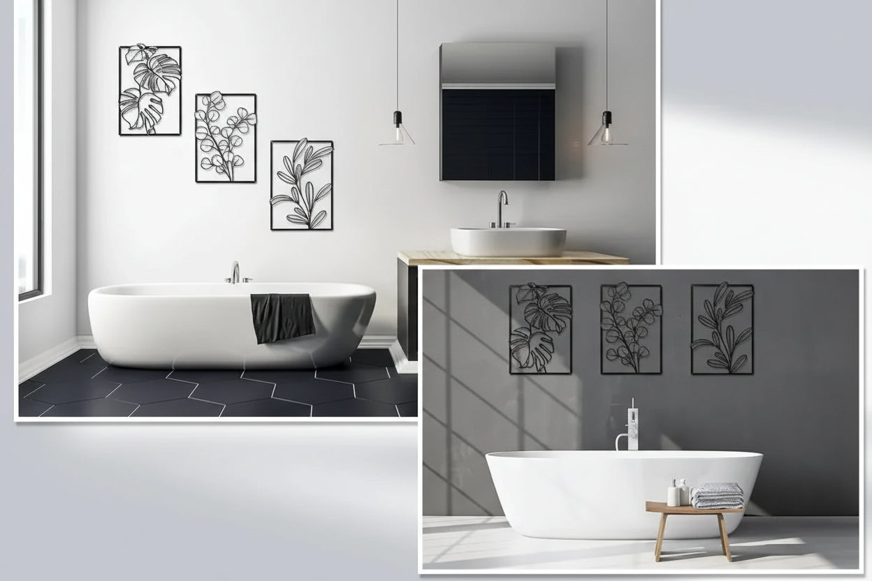 Zwarte Metalen Wanddecoratie – 3-delige Bloem & Blad Set