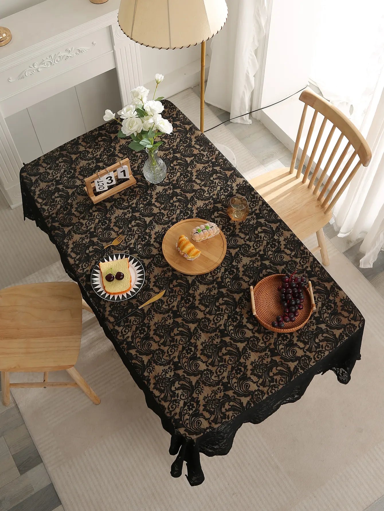 Black French Lace Tablecloth – Phoenix Tail Pattern
